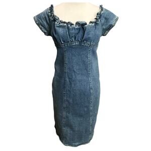 Moda International Y2K Denim Dress 6 Blue‎ Ruffle Neck Milkmaid Stretch Retro